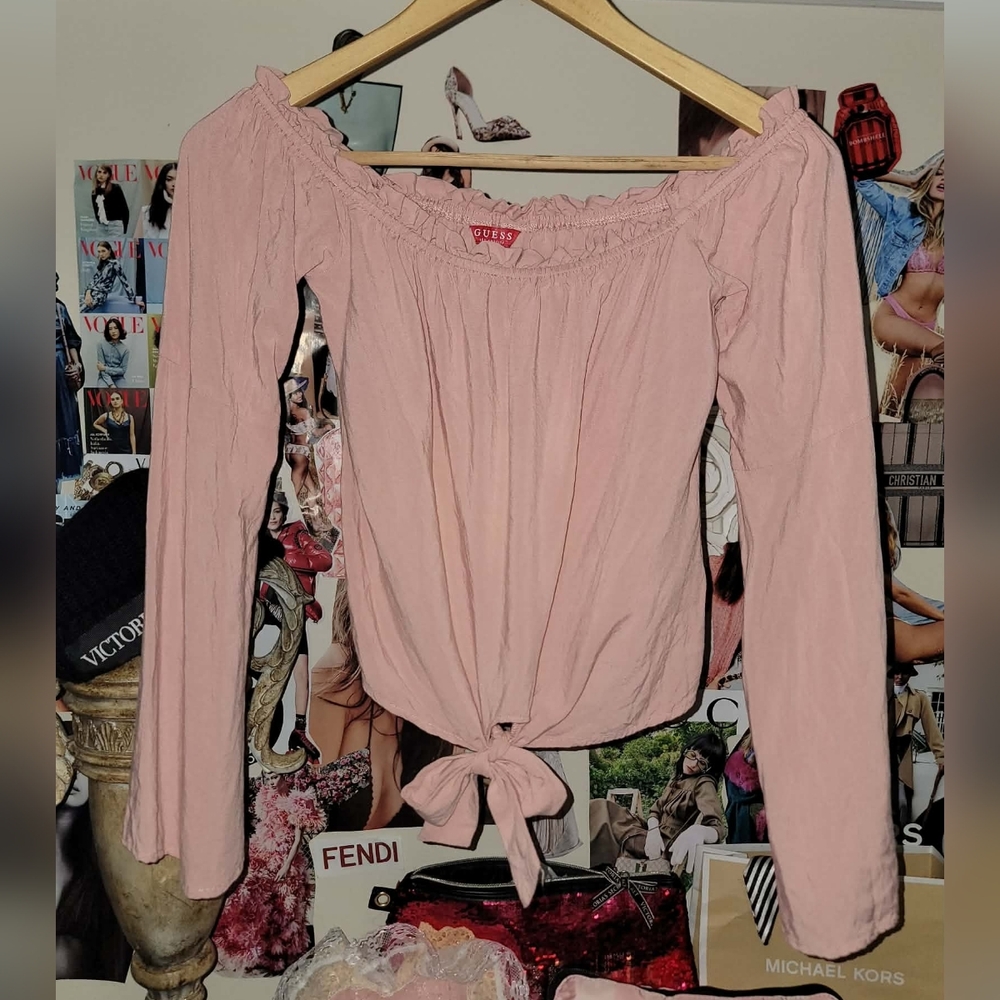 Guess Pink Ruffle Off Shoulder Front Tie Blouse Medium - Picture 2 of 5